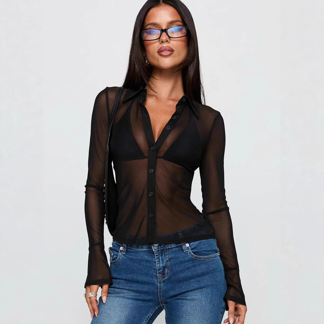 Dame Gjennomsiktig Bluse med sexy Design og fine Knapper detaljer Skjora