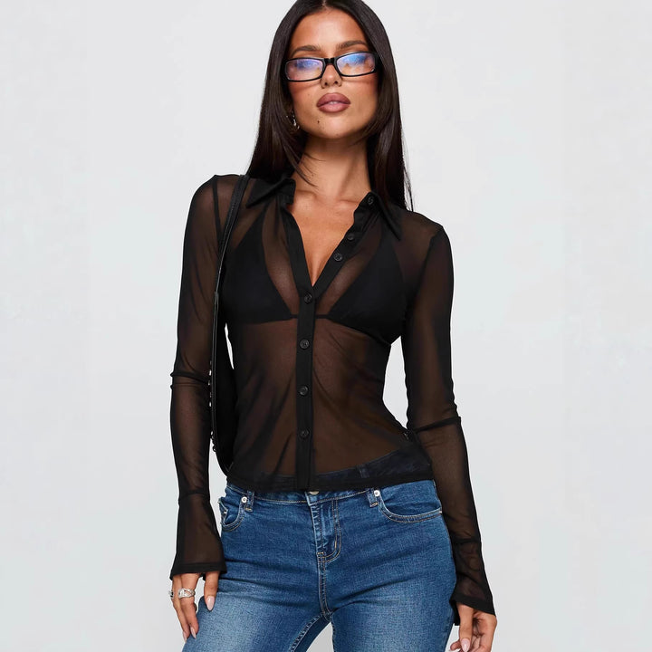 Dame Gjennomsiktig Bluse med sexy Design og fine Knapper detaljer Skjora