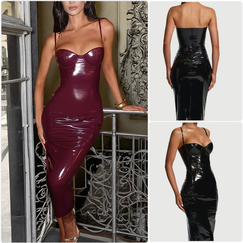 Kvinne bodycon kjole med stroppeløs design og glanset overflate Skjora