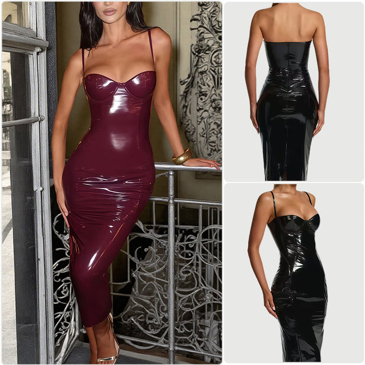 Kvinne bodycon kjole med stroppeløs design og glanset overflate Skjora