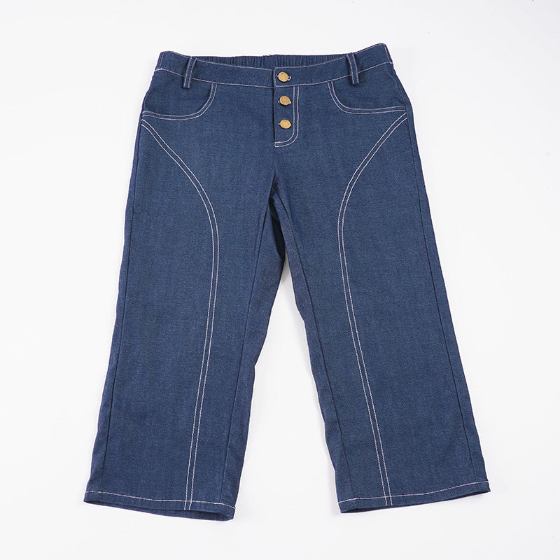 Dame Komfortable Caprijeans med dekorative knapper Skjora