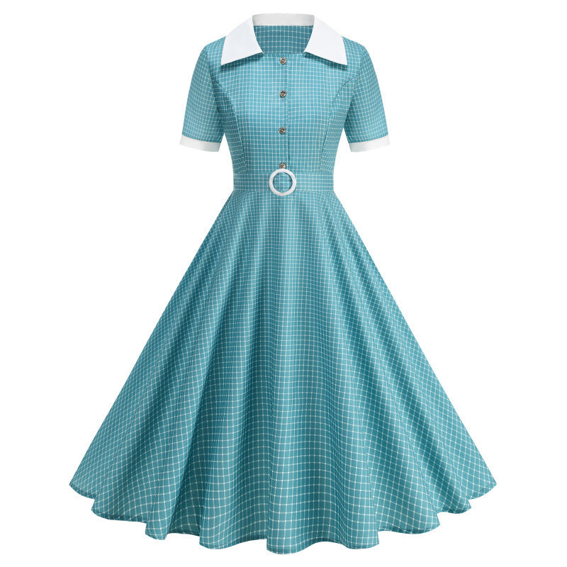 Dame Vintage Polka-Dot Kjole med knappdetaljer og svajende skjørt Skjora