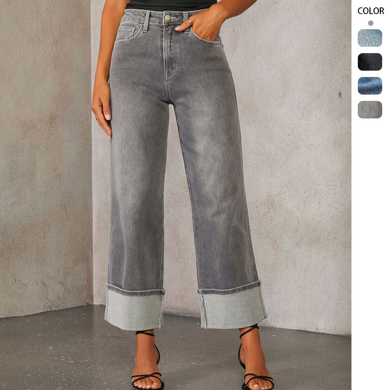 Dames brede jeans med oppbrettkant Skjora