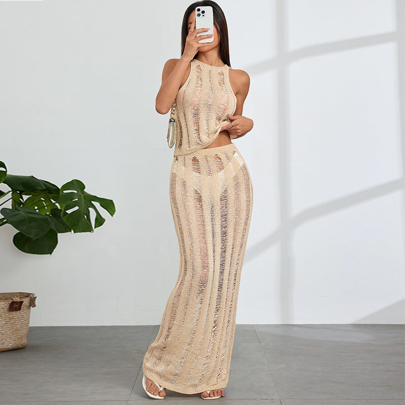 Damen Häkel-Maxi-Kleid mit tiefen Cut-Outs und elegantem Design Skjora