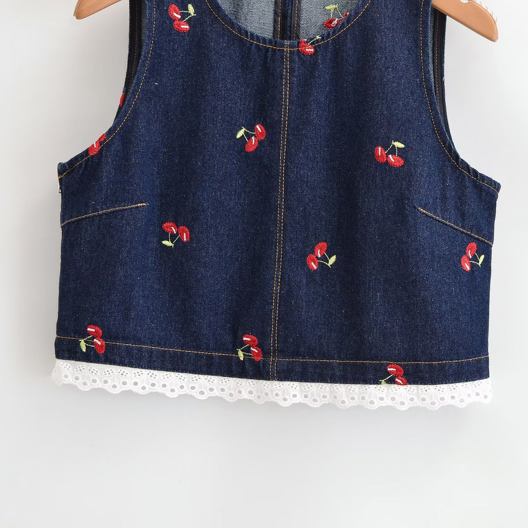 Dame Designer-Cropped-Top med blomsterbroderi og blonderdetaljer Skjora