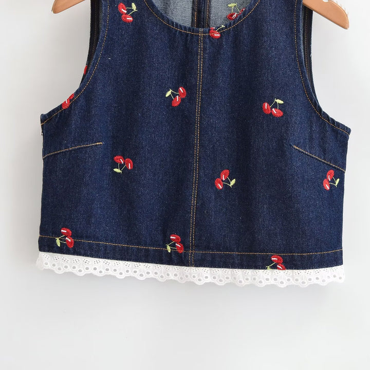 Dame Designer-Cropped-Top med blomsterbroderi og blonderdetaljer Skjora