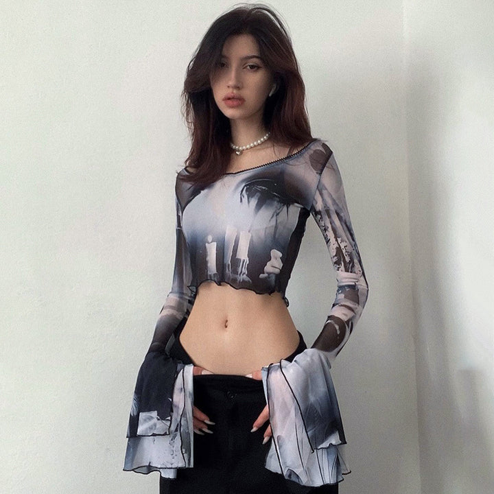 Dame Langermet Crop-Top med kreative grafiske trykdetailer og utsvingte ermer Skjora