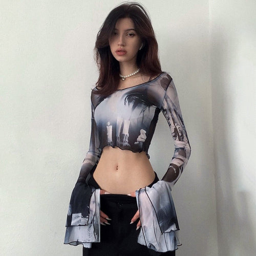 Dame Langermet Crop-Top med kreative grafiske trykdetailer og utsvingte ermer Skjora