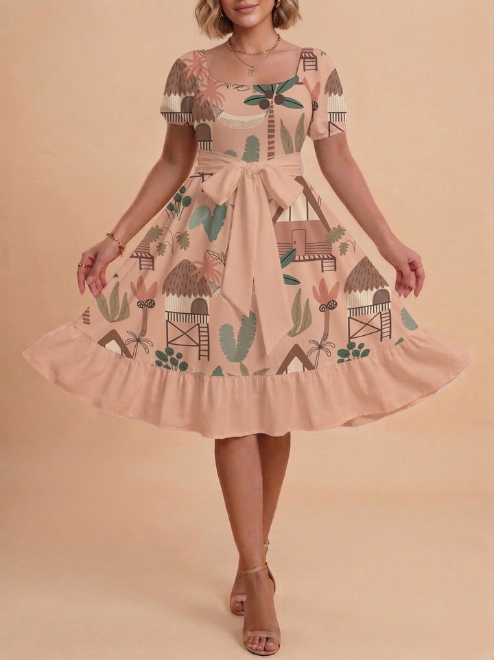 Damen Sommerliches Blumenkleid mit taillierbarem Gürtel und voluminösen Ärmeln Skjora