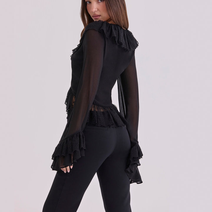 Dame chiffon-bluse med spissbesetning Skjora