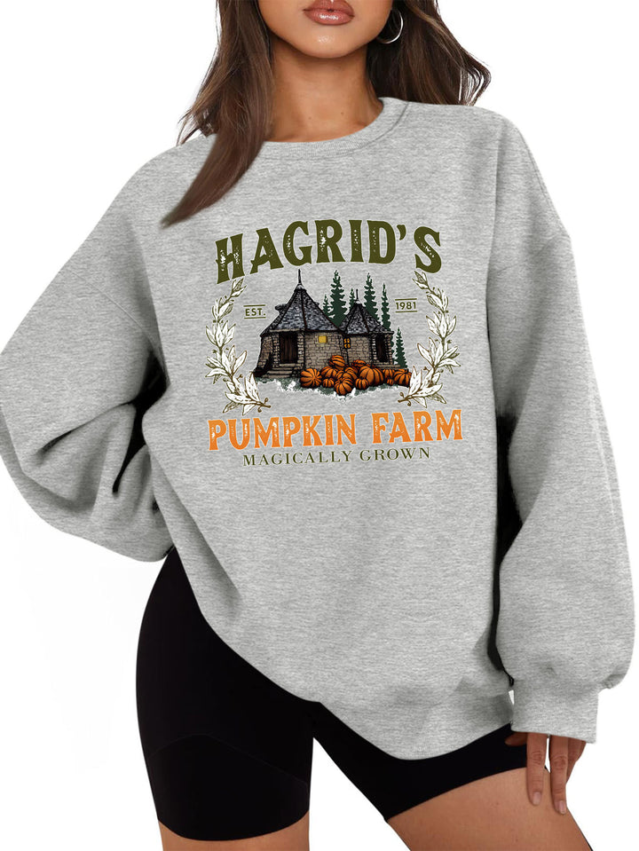Kvinnes sweatshirts med koselig rund hals og høstgresskarmotiv Skjora