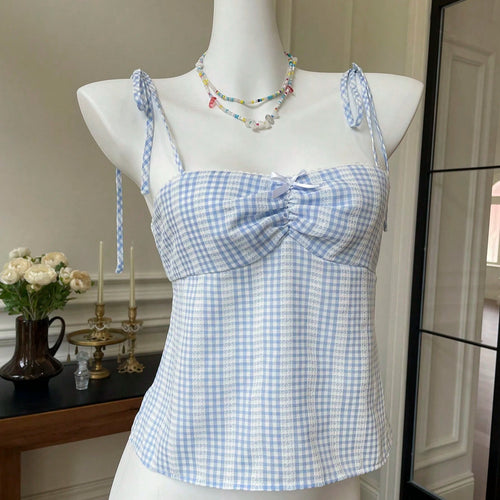 Dame Crop-Top med lekent bundet stropper og rutemønster Skjora