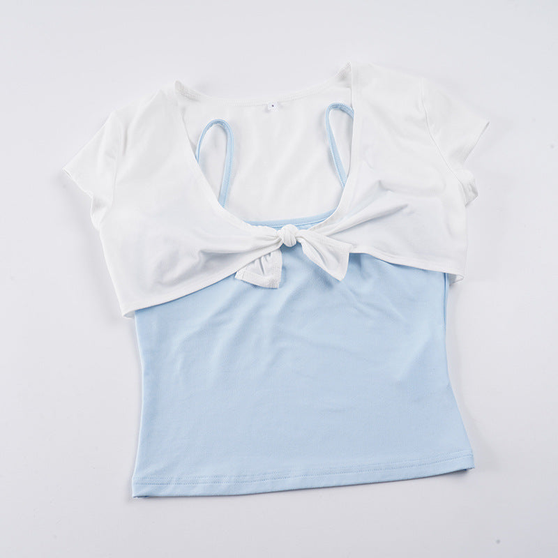 Dame casual crop-top med lekent knute-design og spaghetti-stropper Skjora