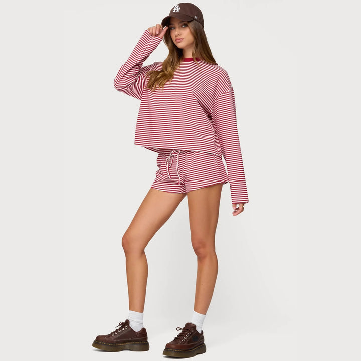 Damer Løs stripete loungewear-sett med langermet topp og shorts Skjora