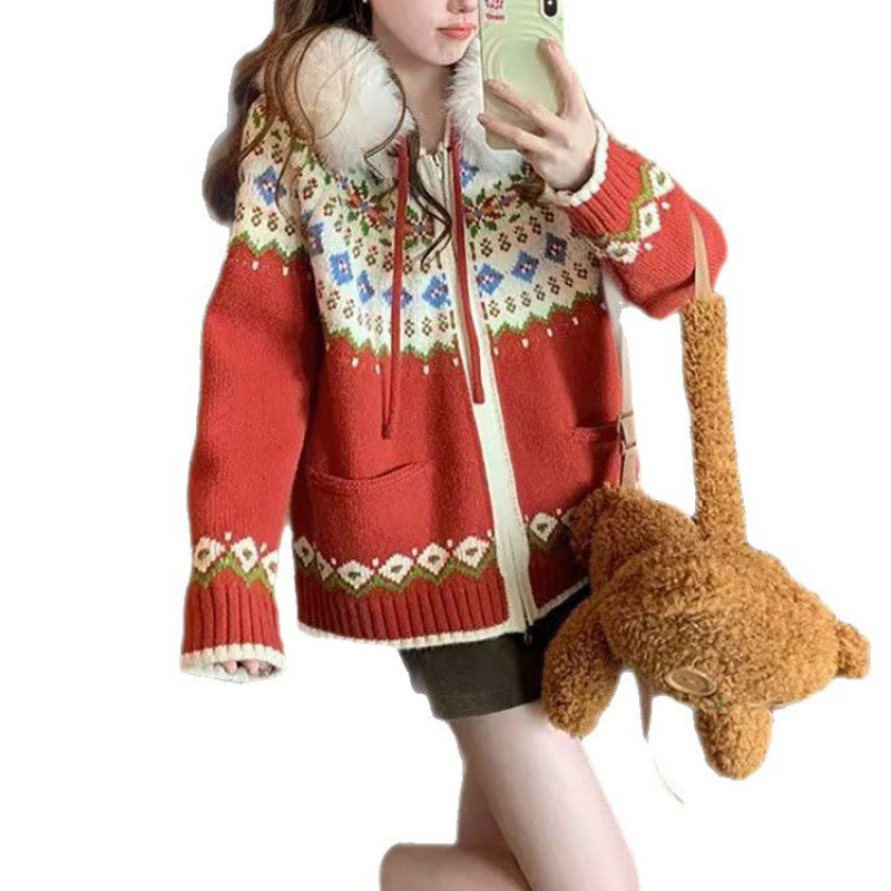 Dame cardigan med trendy norsk mønster og luksuriøs faux fur krage Skjora