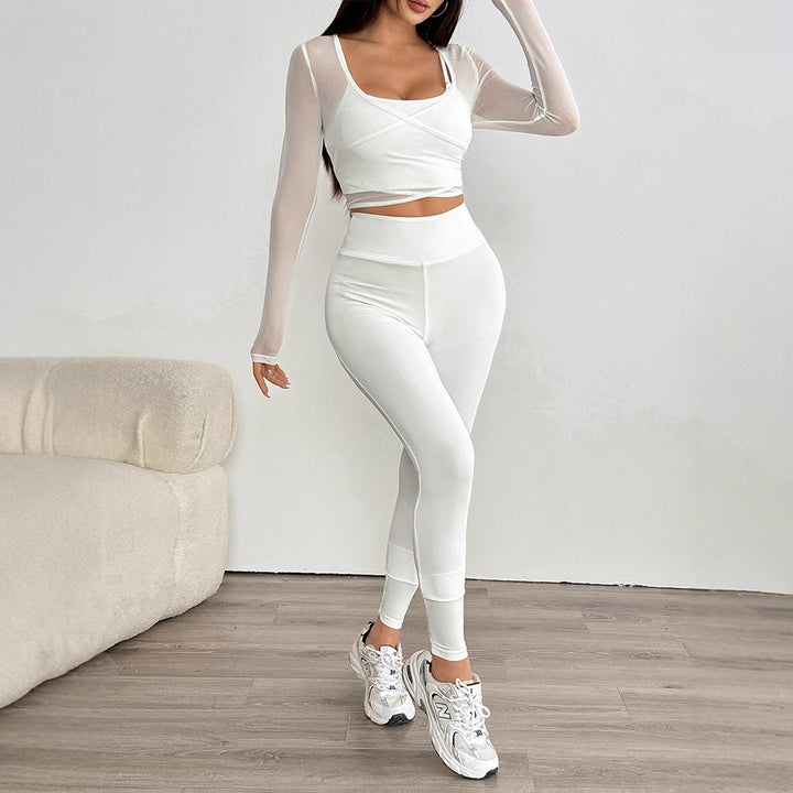 Women's Sporty Set with Creative Long-Sleeved Top and Figure-Hugging Leggings Skjora