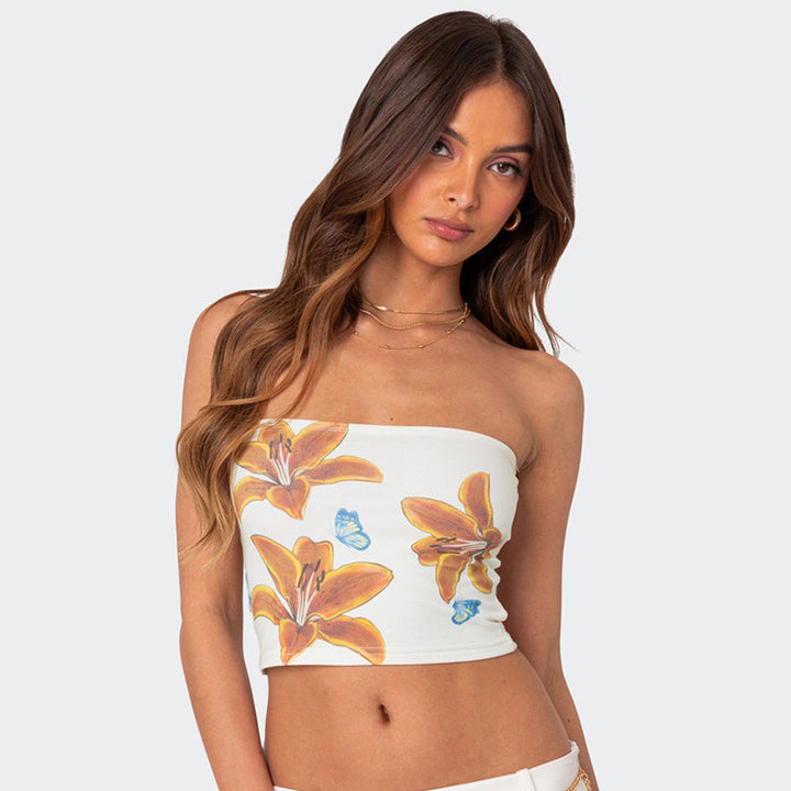 Damer bandeau-top med blomsterdesign og elastisk linning Skjora