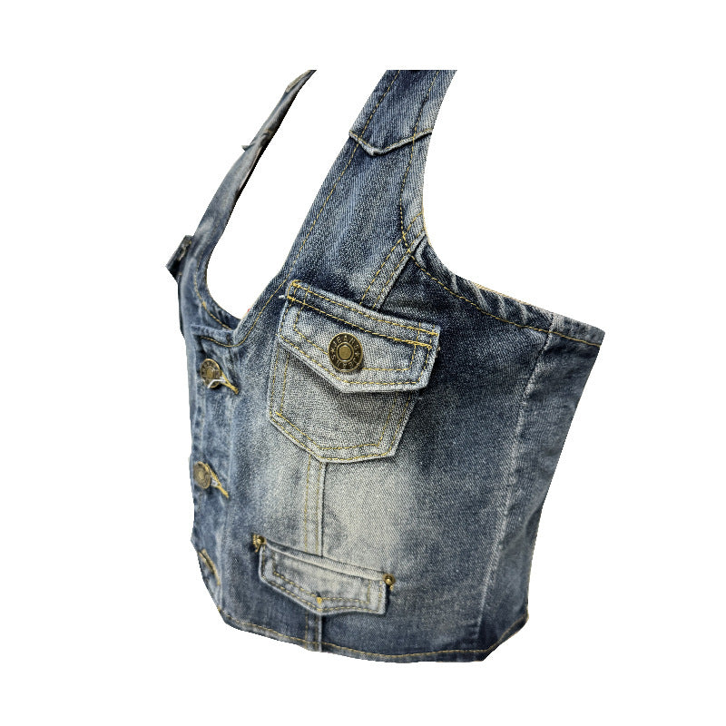 Dame Crop-Top i denim med dekorative knappdetaljer og dyp V-hals Skjora