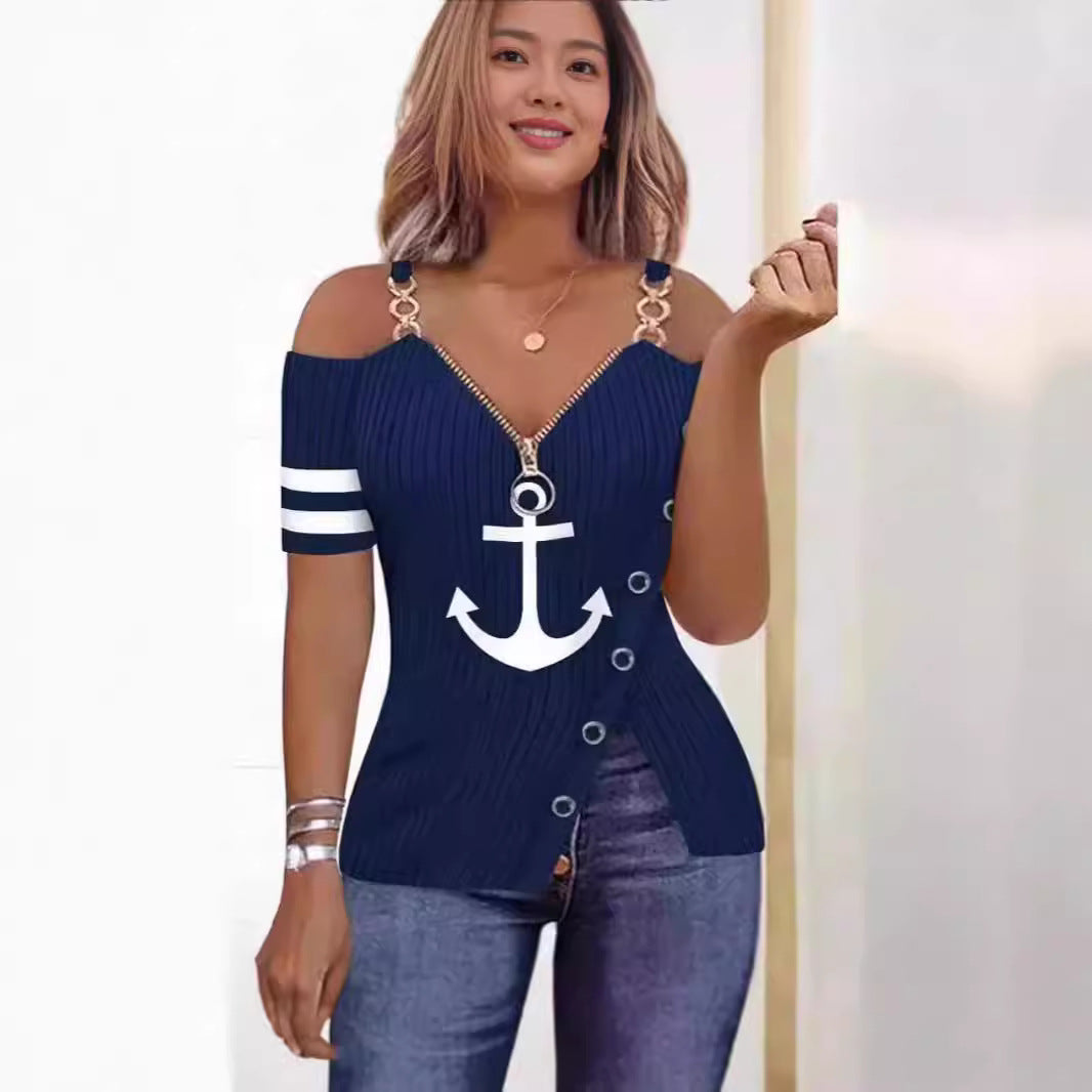 Dame Off-Shoulder topp med maritimt motiv og dekorative knapper Skjora
