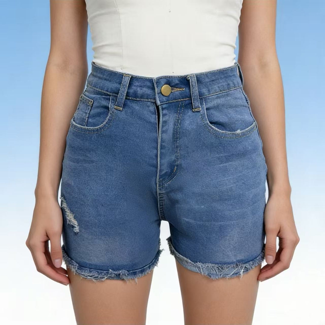 Damer casual High-Waist denimshorts med frynser og stilige ødelagte detaljer Skjora