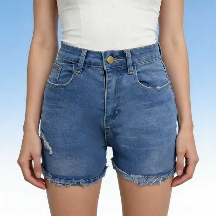 Damer casual High-Waist denimshorts med frynser og stilige ødelagte detaljer Skjora