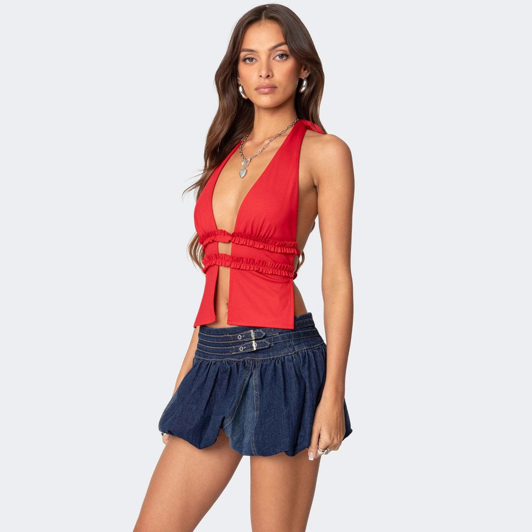 Damer Cropped Top med stroppeløs hals og volangdetaljer Skjora