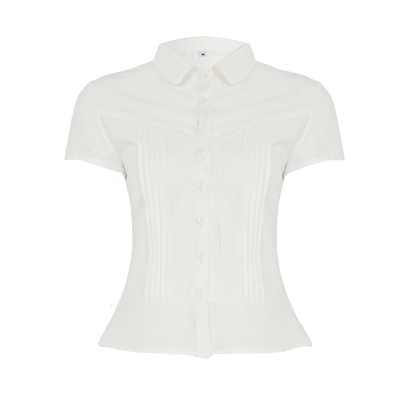 Damen kortermet skjortebluse med innsnevret snitt og elegante rynker Skjora