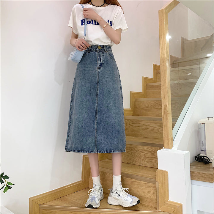 Kvinnelig Lang Denim Skjørt med Høy Kutt og Dekorative Sømmar Skjora