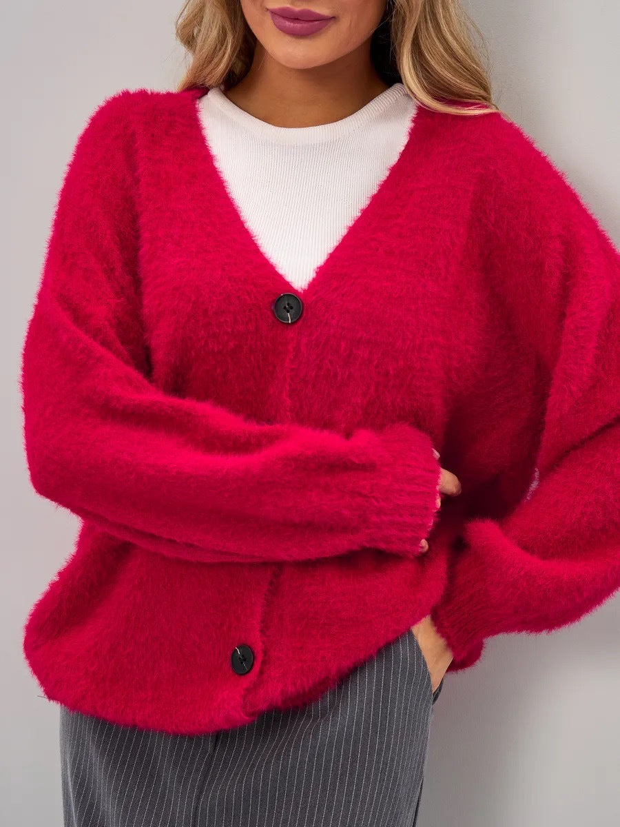 Damer Fluffy Cardigan med Dyp V-Utringning og Knapp Detaljer Skjora