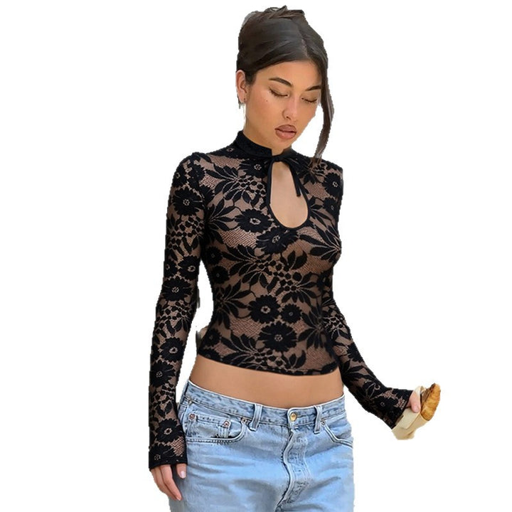 Ladies' Elegant High-Neck Blouse with Floral Design Skjora