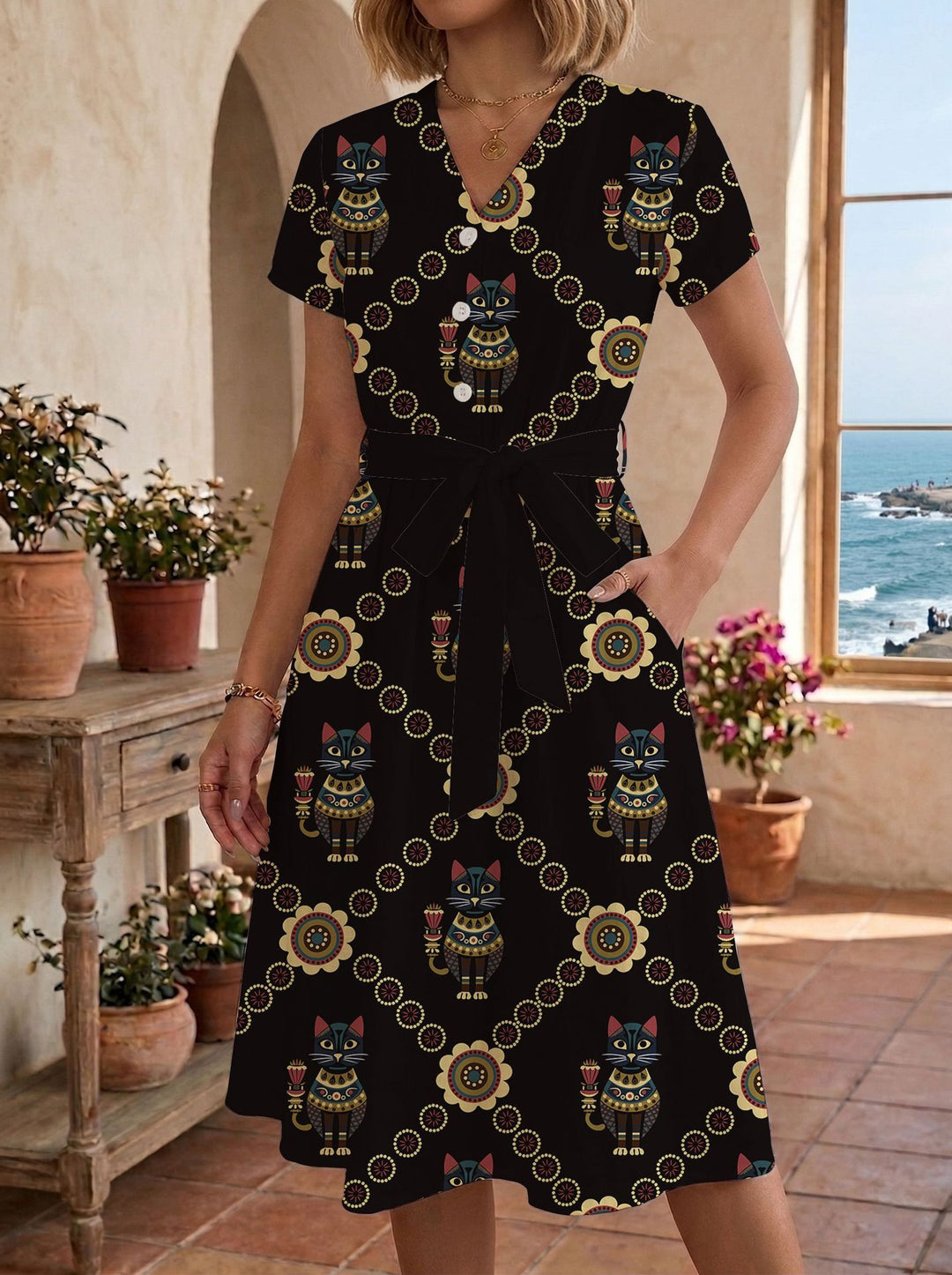 Damen Sommerliches Kleid mit taillierbarem Bindegürtel und floralem Muster Skjora
