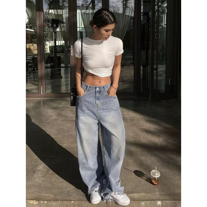 Dame brede High-Waist Jeans med dekorative lommer Skjora
