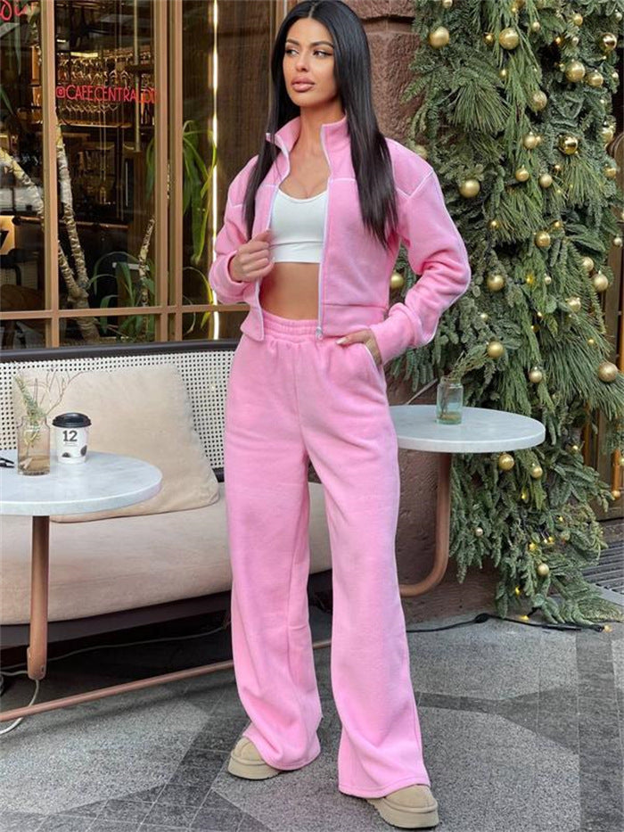 Damer Casual Fleece Cropped Set med Løs Passform og Elastisk Liv Skjora