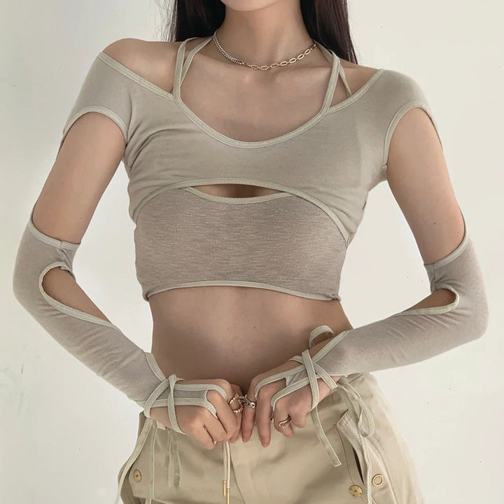 Dame Crop-Top med raffinerte volangdetaljer og langermet design Skjora