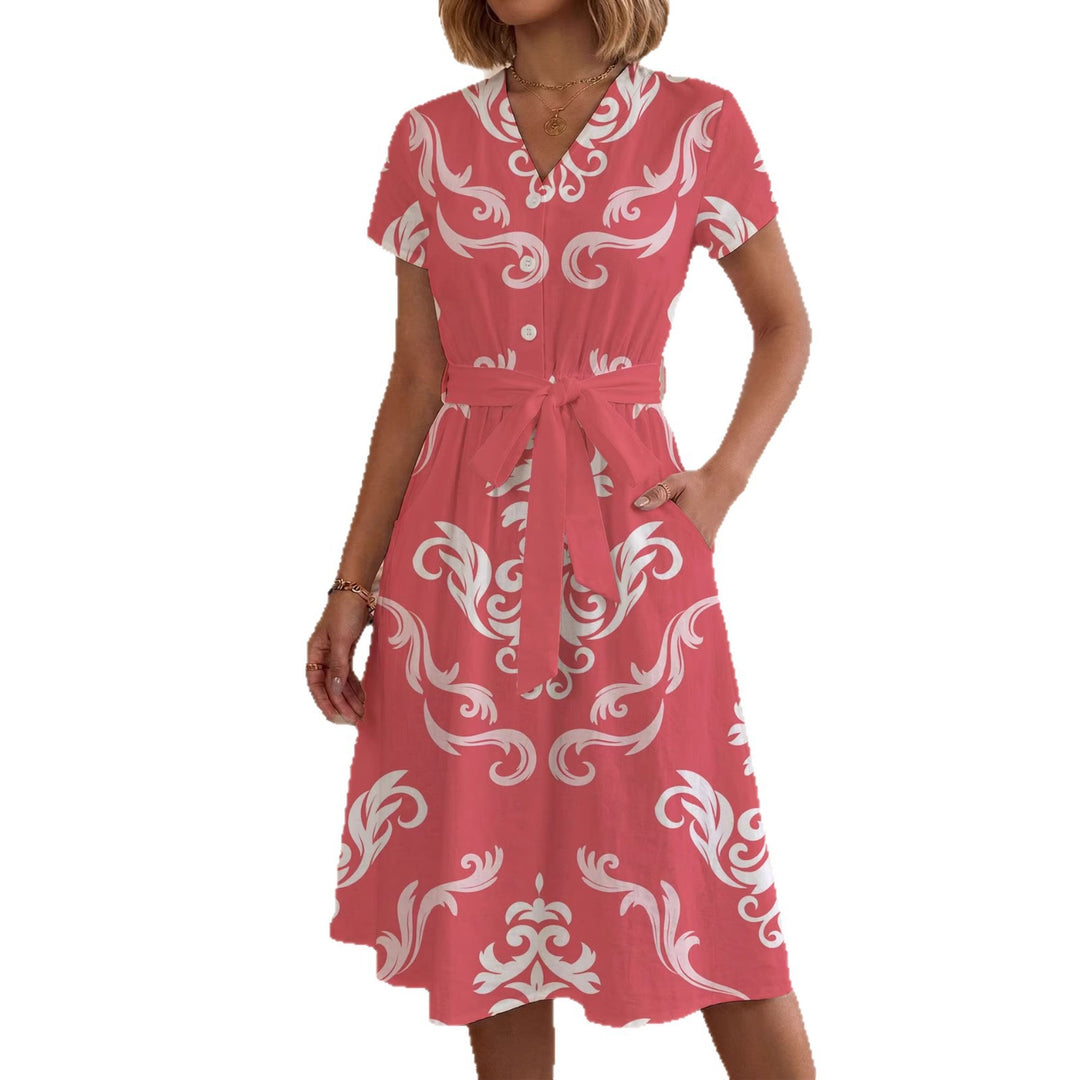 Damen Sommerliches Kleid mit taillierbarem Bindegürtel und floralem Muster Skjora