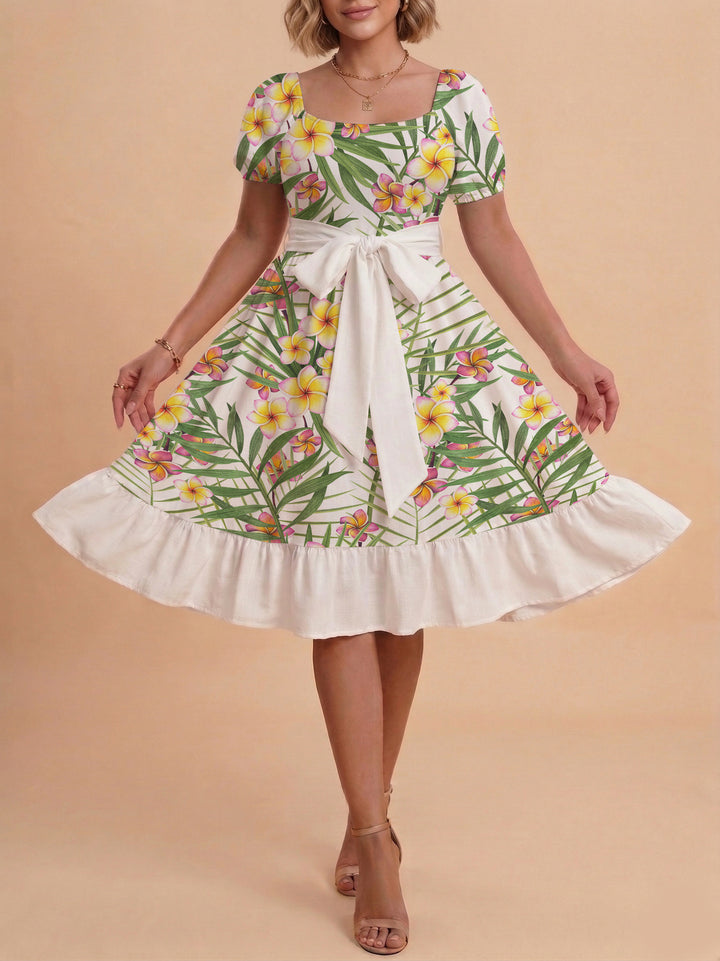 Damen Sommerkleid mit floralem Puffärmel und taillierbarem Gürtel Skjora
