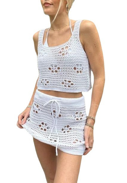 Dame heklede Crop-Top og miniskjørt sett Skjora