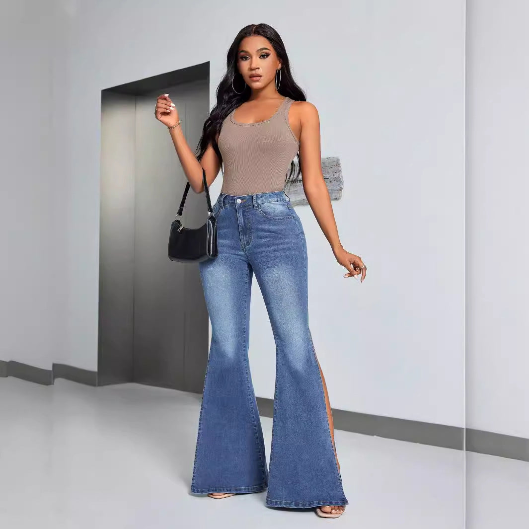 Dame elegante høyt liv flared jeans med sidelommer Skjora