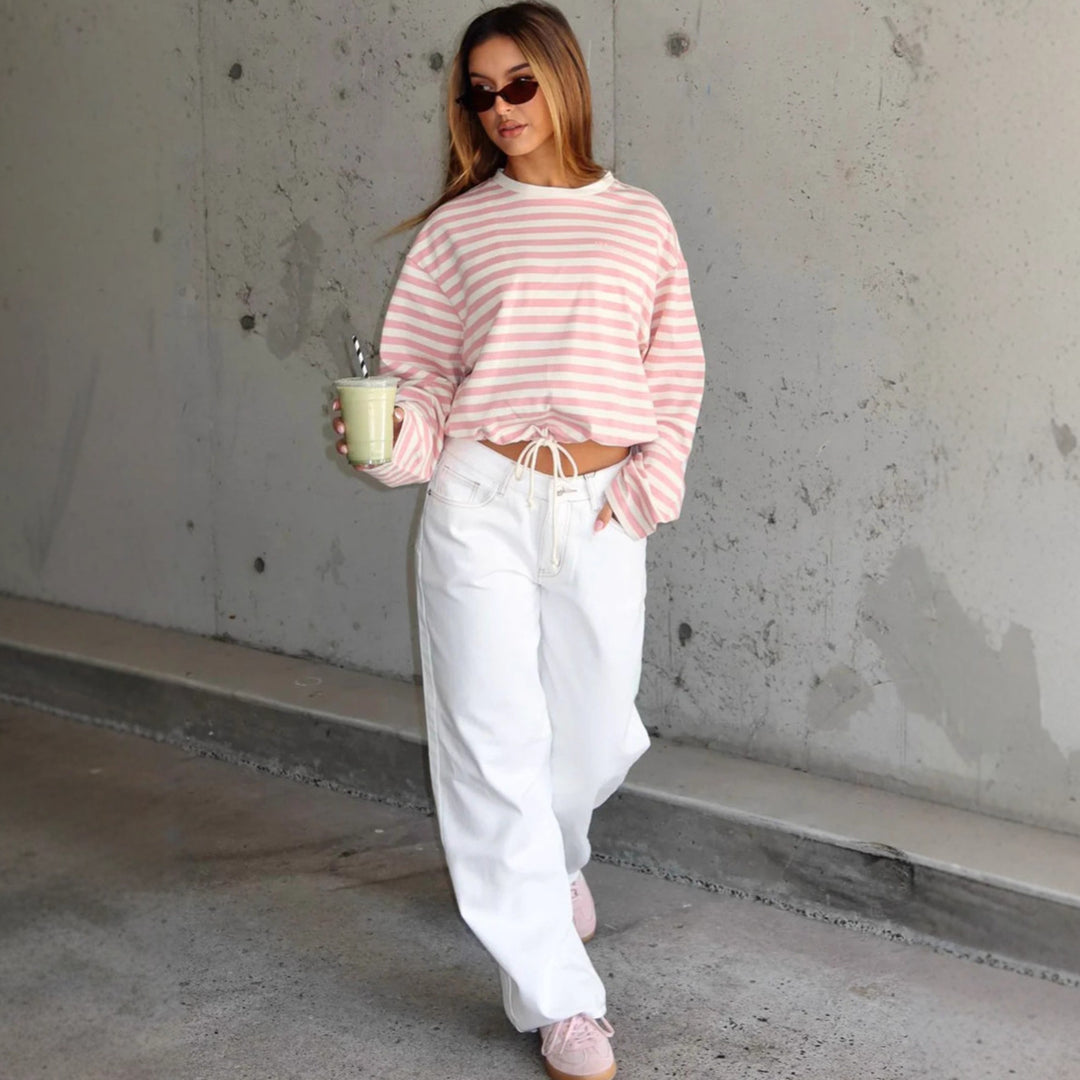 Kvinnenes cropped sweatshirt med striper og elastisk midjebånd Skjora