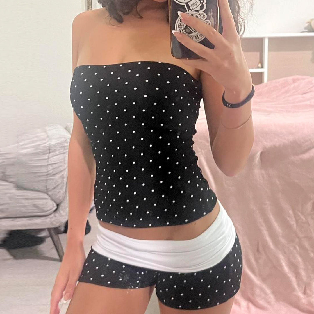 Damer Bandeau-badedrakt med prikkemønster og shorts Skjora