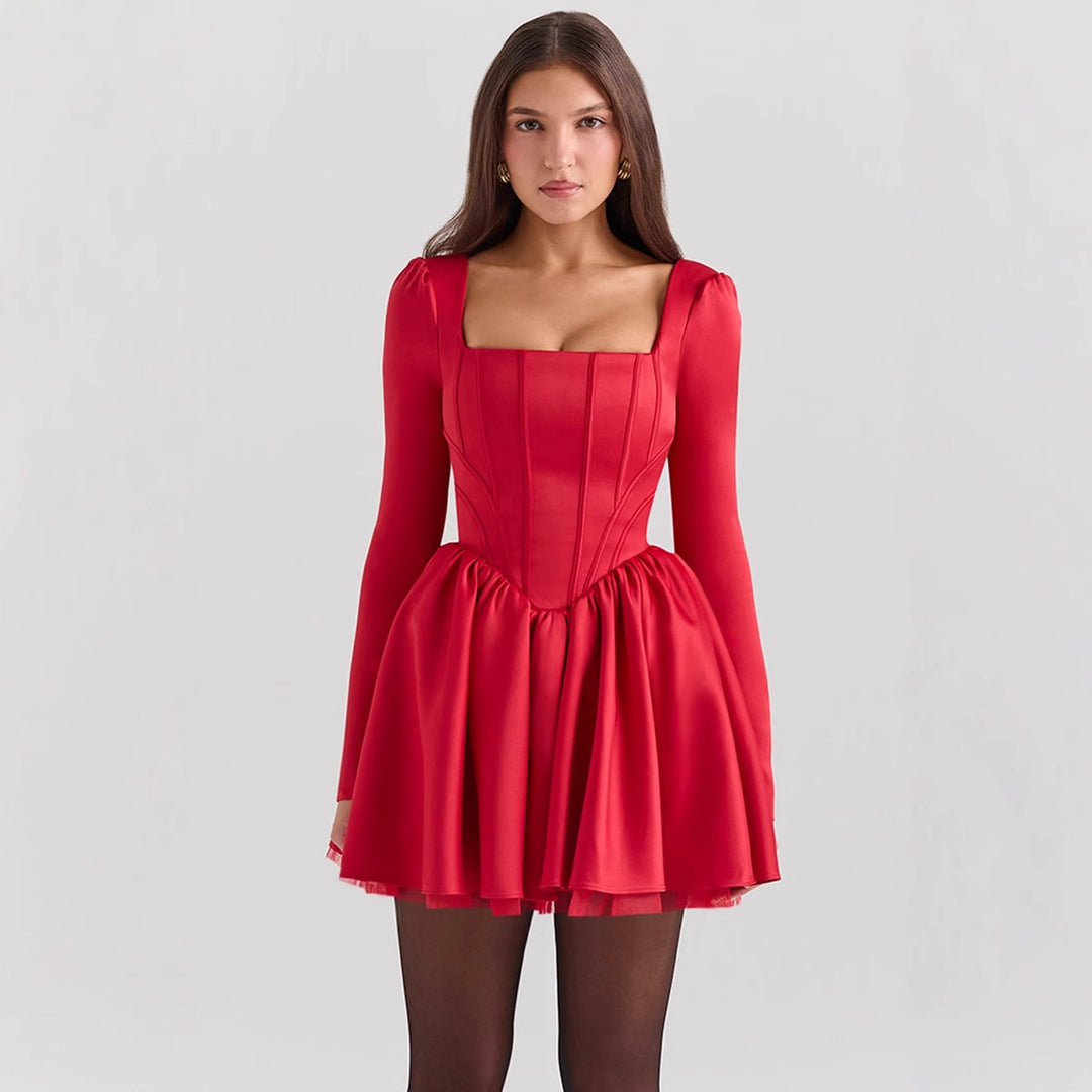 Women's Floor-Length Cocktail Dress with Square Neckline and Voluminous Skirt