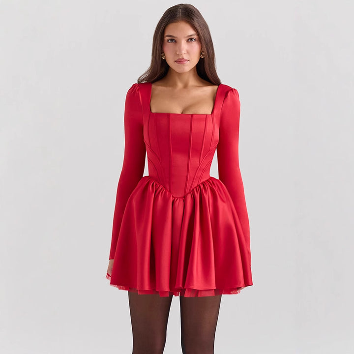 Women's Floor-Length Cocktail Dress with Square Neckline and Voluminous Skirt