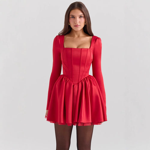 Women's Floor-Length Cocktail Dress with Square Neckline and Voluminous Skirt