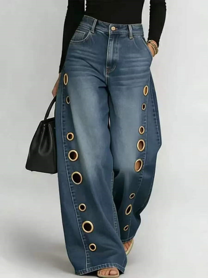 Kvinnenes vide jeans med dekorative øyler og høy midje Skjora