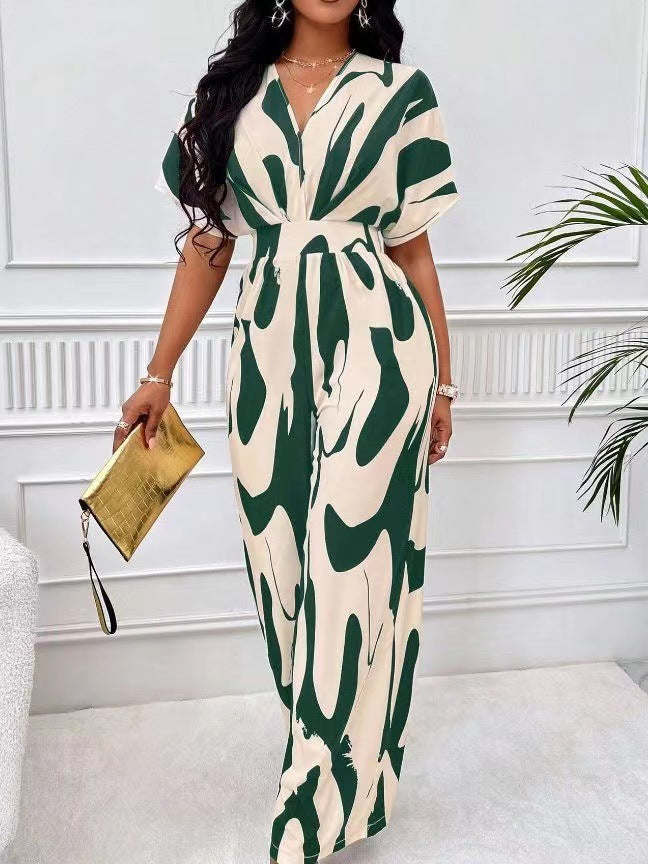 Dame Elegant Jumpsuit med stort mønster og V-hals Skjora