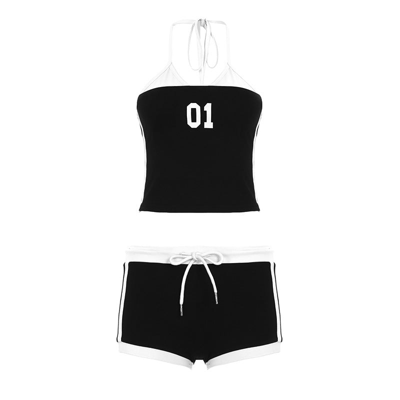 Damer sporty Crop-Top og Shorts Sett med dekorativt bånd Skjora