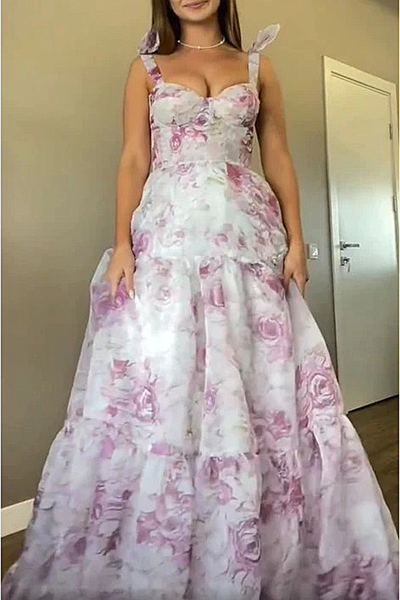 Damer Elegant Maxi Kjole med Blomsterdetaljer og Rynkede Stropper Skjora