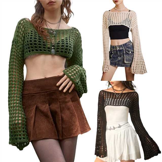 Damer luftig heklet Crop-Top med lange ermer Skjora