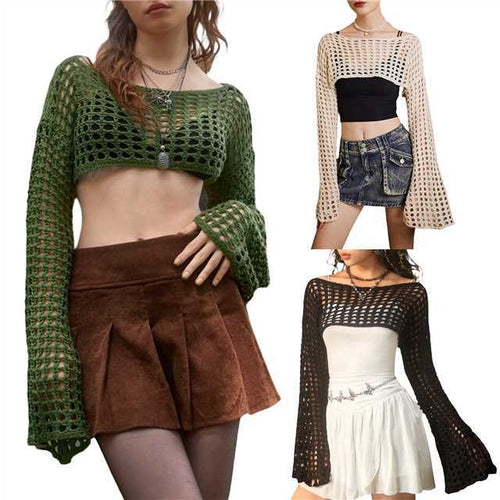 Damer luftig heklet Crop-Top med lange ermer Skjora