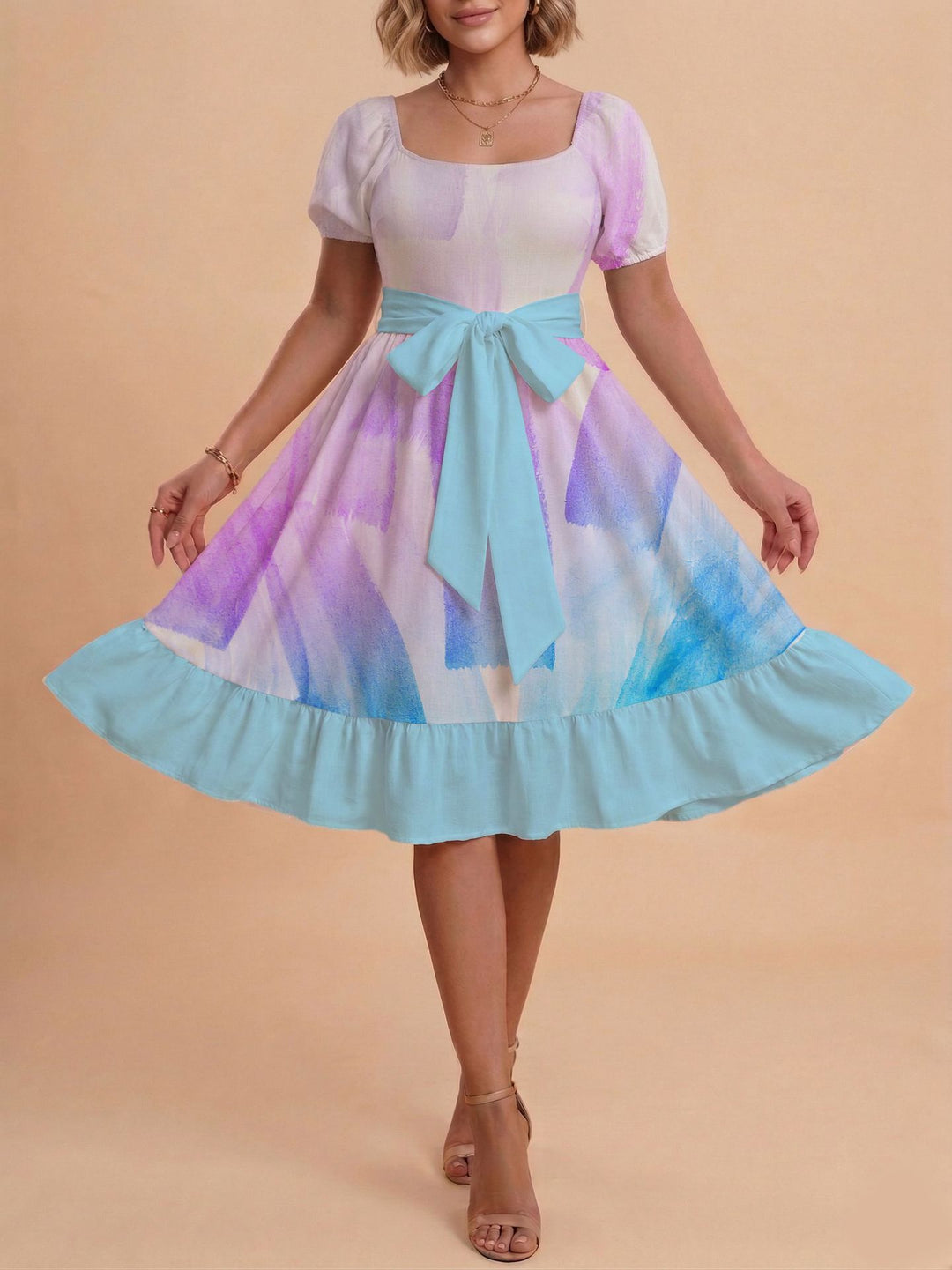 Damen Retro Maxikleid mit Puffärmeln und Taillengürtel Skjora